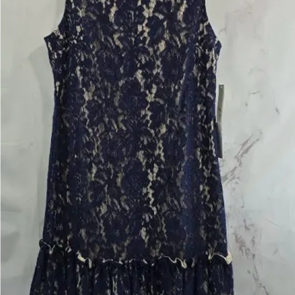 NWT- Eliza J Nude Navy Blue Lace Tank Ruffle Dress